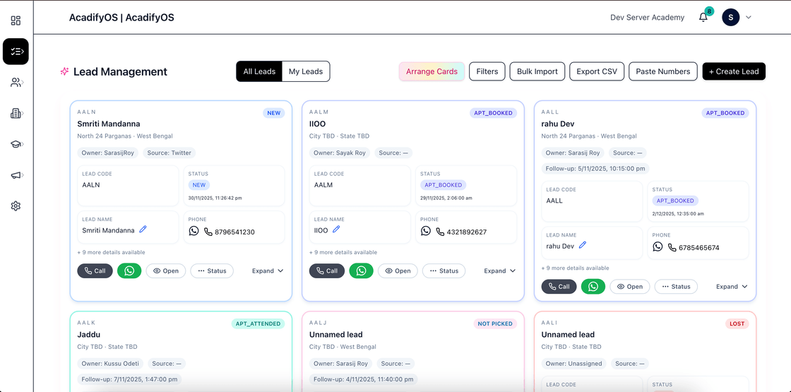 AcadifyOS dashboard — CRM, admissions, billing and attendance in one view