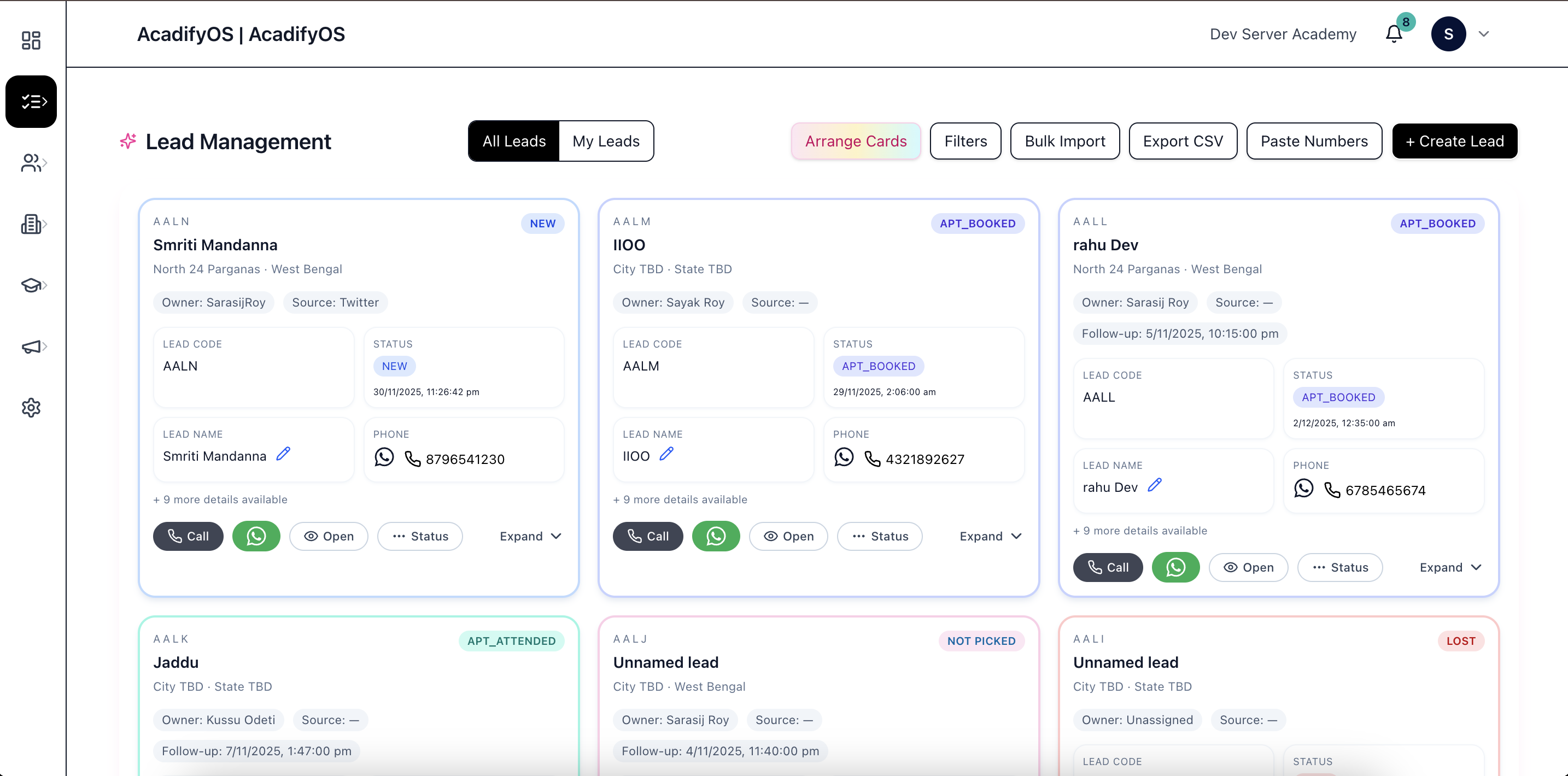 AcadifyOS dashboard — CRM, admissions, billing and attendance in one view