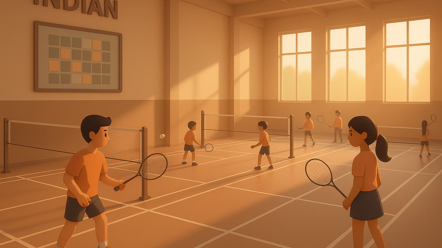 Indoor badminton academy courts with digital scheduling display, illustrating badminton academy management software features