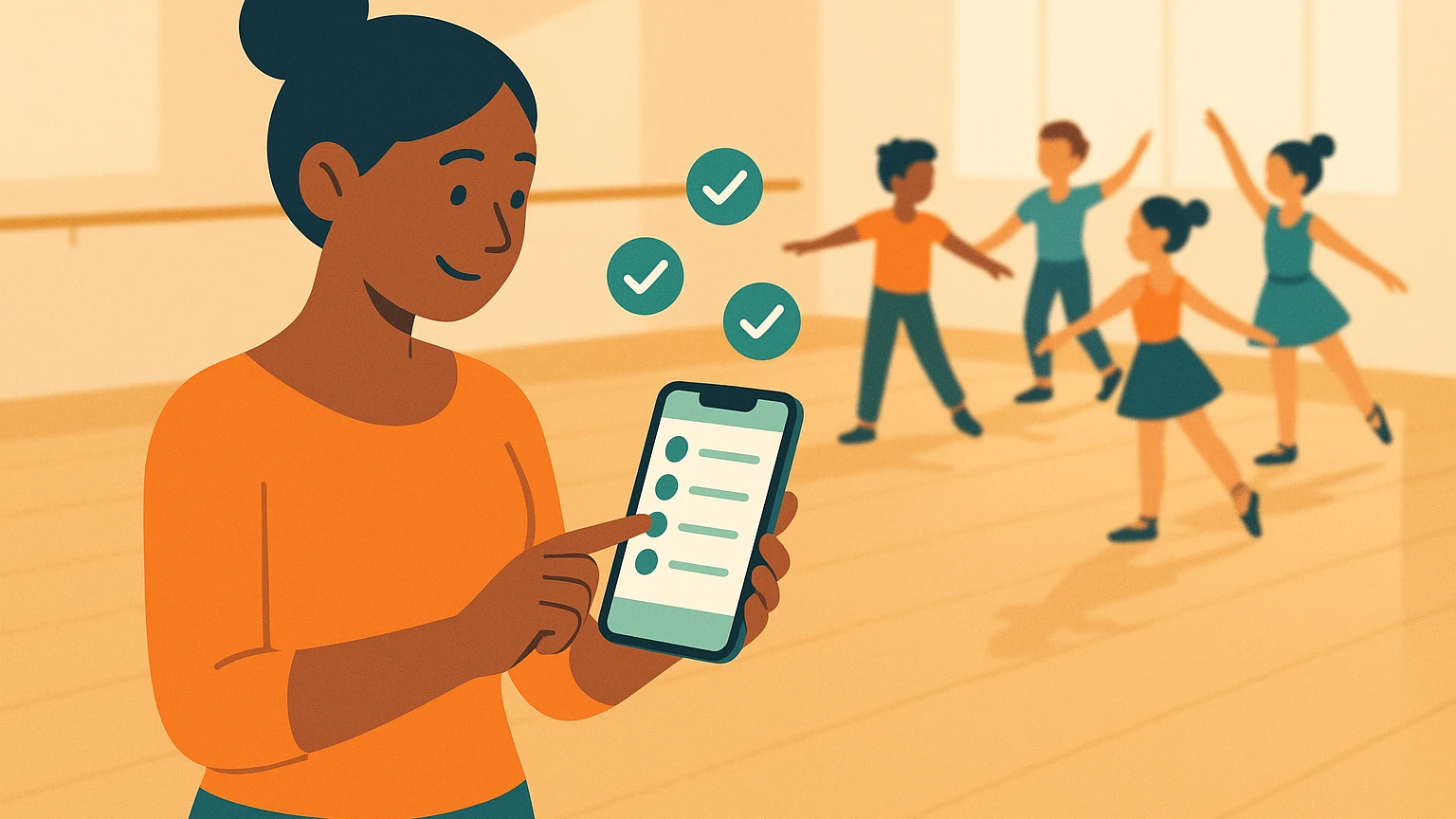 Dance teacher using a mobile app for digital attendance tracking in a dance academy software India platform