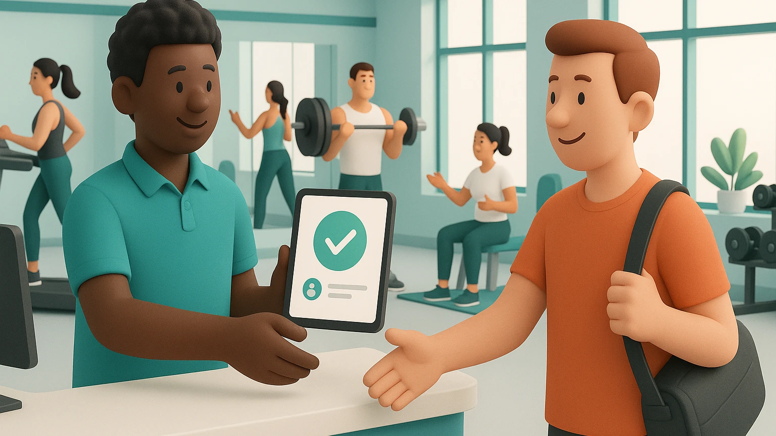 Gym staff checking in a member on a tablet with digital membership software, illustrating the benefits of gym management software