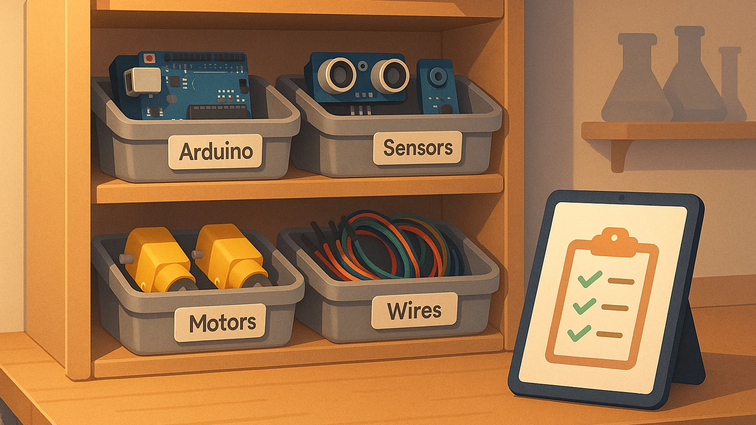 Robotics academy management software tracking kit and component inventory on labeled storage shelves
