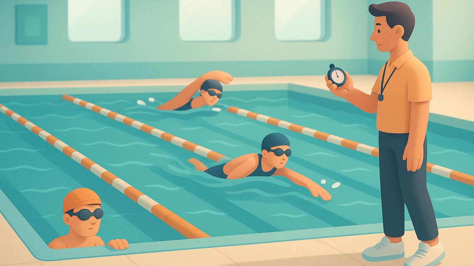Swimmers organized into skill-level batches across marked pool lanes, illustrating swimming academy management software lane management