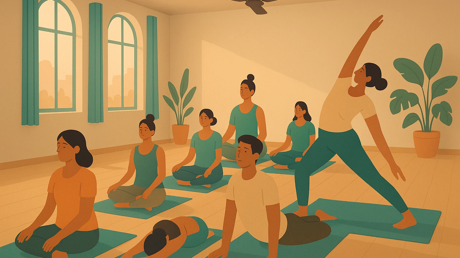Instructor leading a yoga class in a studio using yoga studio management software for scheduling and attendance