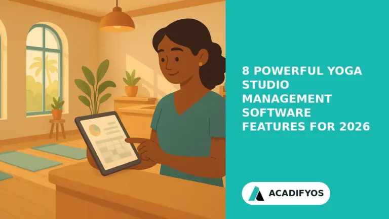Yoga studio owner using yoga studio management software on a tablet in a modern Indian wellness studio